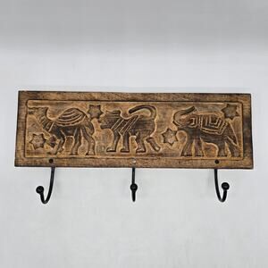Carved Wooden Camel, Monkey, and Elephant 3 Hook Rack-Carved Made in India